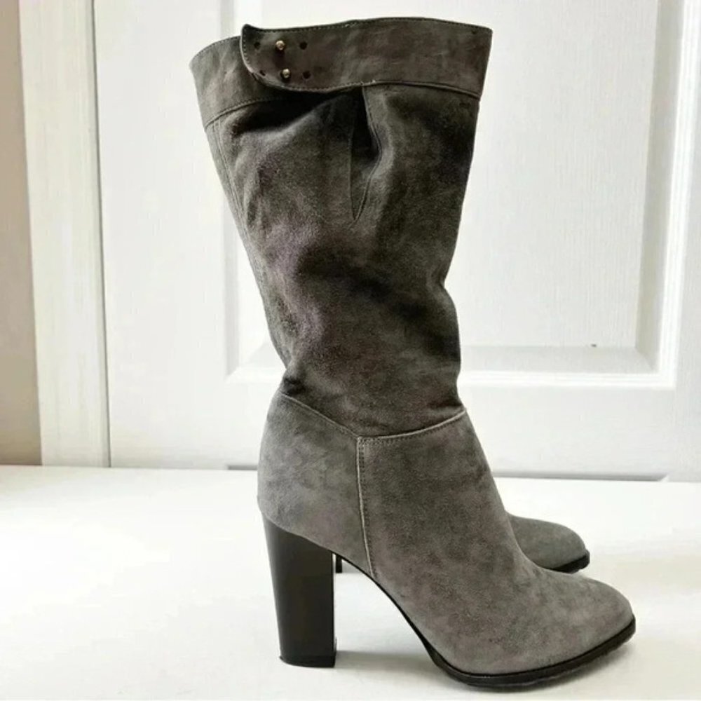 Grey Suede Boots Mid Calf Block Heel Slouch Boot Boho Size EU 38 NEW IN BOX - Picture 2 of 16